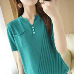 100% cotton summer V-neck short-sleeved knitted T-shirt Ladies casual loose half-sleeved top solid color wild pullover
