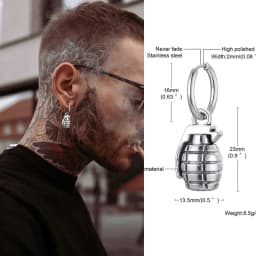 FUN GRENADE SHAPED EARRINGS FOR MEN JEWELRY STAINLESS STEEL HOOP EARING GIFT FOR HIM