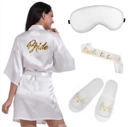 4pc set of glitter gold bride satin short bride robe slippers bridal sash peignoir women Bridal Party 2019 kimono robe