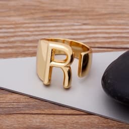 Trendy Hollow A-Z Letter Gold Color Adjustable Opening Ring Initials Name Alphabet Female Chunky Wide Party Wedding Jewelry