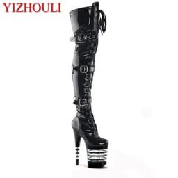 12-23cm high heels high boots, buckle boots round head dancer fashion sexy catwalk shoes to thigh high boots