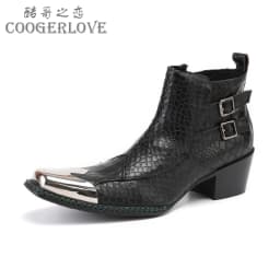 Men's Cowhide Serpentine Print Metal Decor Pointed Toe Belt High‑Heel Short Boots Western Cowboy Boots For Stage Show Party