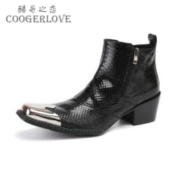 Men's Cowhide Serpentine Print Metal Decor Pointed Toe Belt High‑Heel Short Boots Western Cowboy Boots For Stage Show Party