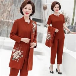 Womens 2022 Spring Autumn Elegant Three Piece Sets Floral Printed Long Coat + Short Top And Loose Pants Suits 4XL 2344