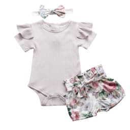 Summer Newborn Baby Girl Clothes Set Solid Color Short Sleeve Ruffle Romper Tops Flower Short Pants Headband 3Pcs Infant Outfits