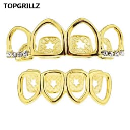 TOPGRILLZ Grill Set Gold Color Plated Four Full Open Face Hollow Tooth Grillz Top with CZ & Bottom Teeth Grills For Men & Women