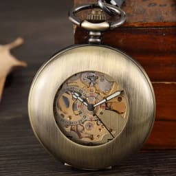 Vintage Bronze Skeleton Hand Wind Mechanical Pocket Watch Men Steampuk Pendant Clock Chain With Arabic Numerals
