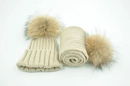 Jaxmonoy Baby Hat and Scarf Set Thick Stretchy Knitted Beanie for Boys and Girls Real Raccoon Fur Pom Pom Winter Hats for Kids