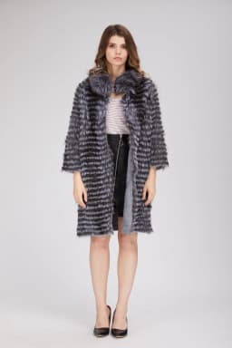 Women's Striped Real Silver Fox Fur Coat, Long Cardigen with Wool Lining, Big Size Clothes, Elegant Outwear, Spring, Lux18A09164