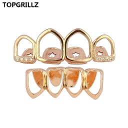 TOPGRILLZ Grill Set Gold Color Plated Four Full Open Face Hollow Tooth Grillz Top with CZ & Bottom Teeth Grills For Men & Women