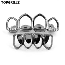 TOPGRILLZ Grill Set Gold Color Plated Four Full Open Face Hollow Tooth Grillz Top with CZ & Bottom Teeth Grills For Men & Women