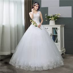 Customized Cheap Korean V-Neck Lace Tank Sleeveless Floral Print Ball Gown Ivory Wedding Dress New Simple Estidos De Noivas