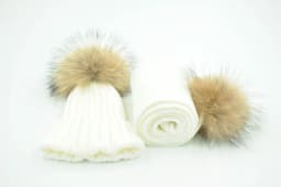 Jaxmonoy Baby Hat and Scarf Set Thick Stretchy Knitted Beanie for Boys and Girls Real Raccoon Fur Pom Pom Winter Hats for Kids