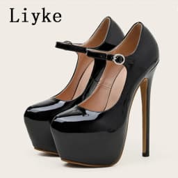 Liyke 2026 Spring Autumn Women Platform Pumps Black Round Toe Buckle Strap 17CM Super High Heels Pole Dance Shoes Stiletto Mujer