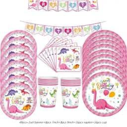 Pink Dinosaur Party Decorations Birthday Dinour Tableware Set Happy Birthday Party Decoration For Kids Boy Jungle Wild Party Dec