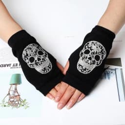 Women's Winter Warm Touch Screen Mitts Black Knit Half Finger Driving Gloves Punk Skull Rhinestone Short Hip-hop Gloves H82