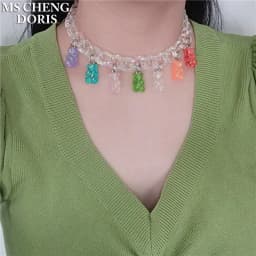 Handmade 7 Colors Cute Cartoon Bear Acrylic Chain Necklaces Candy Color Pendant For Women&Girl Daily Jewelry Party Gifts