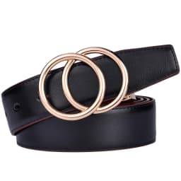 Women Reversible Leather Belt 2 in 1 Rotated 2 Rings Gold Buckle 3.4cm Wide Suitable for Pairing with Various Pants