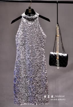 The New 2021 Sequins Glittering Collar Sundress Packet Buttock Sexy Cultivate One's Morality Show Thin Render Dress Sleeveless