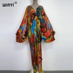 Sexy Beach High-Quality Hand-Rolled Feel Silk Rayon Fashion Print 2021 WINYI Maxi Women's Robes Long Beach V-Neck Bohemian Dress
