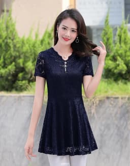 UHYTGF Womens Blouse Hollow Lace V-Neck Pullover Solid Wild Summer Shirt Elegant Female Clothing Chiffon 5XL Big Size Tops 2085
