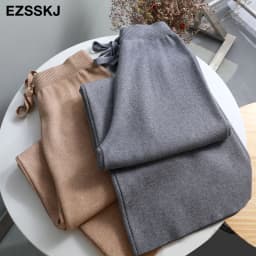 2020 autumn winter new THICK casual straight pants women female drawstring loose knitted wide leg pants casual Trousers