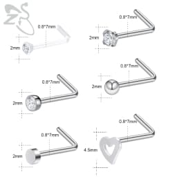 ZS 6-34pcs/Lot Heart Round Nose Piercing Ring Set Stainless Steel Crystal Nose Stud Pack L Shape Nose Nails Piercing Jewelry 20g