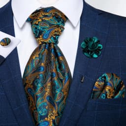 Classic Wedding Ascot Tie For Men Yellow Gold Red Paisley Floral Scarf Neck Tie Brooch Pin Set Cravat Ascot Tie For Banquet