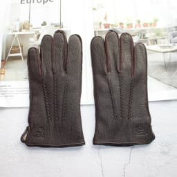 New Deerskin Gloves Men's Leather Outer Stitched Striped Retro Motorcycle Riding Driving Autumn and Winter Wool Knitted Lining