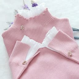 Korean Patchwork Warm Sweater Women Elegant Long Sleeve Slim Turtleneck Knitted Pink Tops Chic Ruffle Pullover Fake 2 Pieces