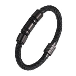 Simple Charm Braided Leather Stainless Steel Black Beaded Single Layer Chakra Bracelet Men's Couple Jewelry Gift