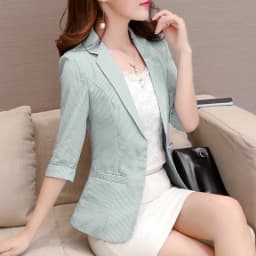 Elegant Women's Stripe 3/4 Sleeve Suit Jacket 2026 Spring Summer Thin Slim Outwear Single Button Female Office Blazer Coat Tops