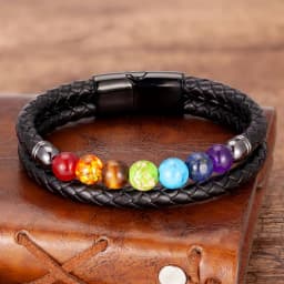 Natural Round Chakra Bead Stone Men's Bracelet Classic Black Genuine Leather Stainless Steel Bangles Women 2020 Fashion Jewelry