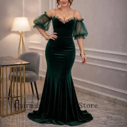 Customized Luxury Elegant Velvet Evening Gown V Neck Lace Trim Spaghetti Strap Detachable Off Shoulder Tulle Puff Sleeve