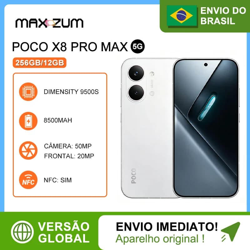 Xiaomi Poco X8 Pro Max 5G, 256GB+12GB RAM, Smartphone Processador MediaTek Dimensity 9500s, Bateria 8500 MAh, Versão Global