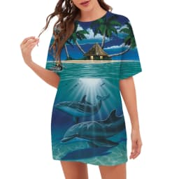 Whale Dolphin 3D Print Dress Summer Scenery Beach Style Ocean Vegan Dress Oversized Women Casual Short Sleeve Graphic Dresses