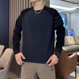 New Men's Long Sleeved Round Neck Pullover Casual Base Sweater with Vertical Stripe Splicing Contrasting Color Sweatshirt XJ170
