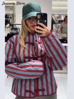  Casual Stripe Padded Coats Women's Stand Collar Long Sleeve Loose Warm Frog Buttons Quilted Jackets 2026 New Lady Outerwear