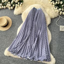 Korean Style Polka Dot Print Pleated A-line Long Skirts Women 2026 Spring Summer High Waist Casual Skirt