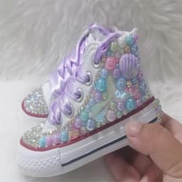 Dollbling Shell Simulation DIY Bling Handmade Shoes Canvas Mermaid Theme Kids High Top Pearls Sneakers Under the Sea Shoes