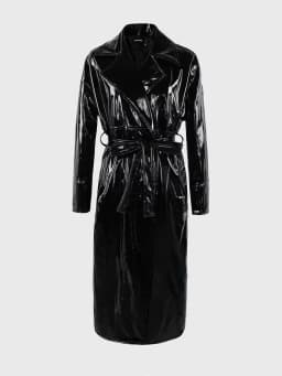 Mauroicardi Spring Long Soft Thin Flowy Shiny Reflective PVC Trench Coat for Women Sashes Y2K Streetwear Runway European Fashion