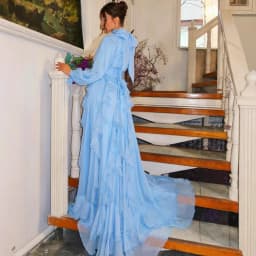 Spring Summer New Fashion Women's Light Blue Solid Color Casual Trendy Long Lantern Sleeve Floor Length Ceremonial Dress Female