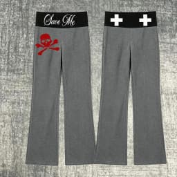 Y2K Women Low Rise Flare Pants Red Fold Waist Gothic Bell Bottom Sweatpants Emo Alt Dark Casual Streetwear Long Trousers