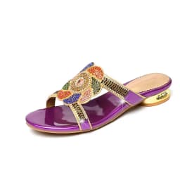 Summer New Comfort Non-slip High Heel Genuine Leather Crystal Inlaid Diamond Women's Beach Fashion Versatile Bohemian Shoes