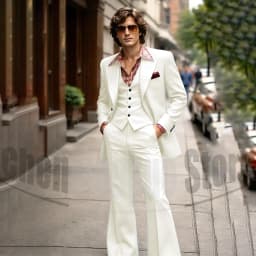Vintage 3 Piece Men Suit Peak Lapel Single Breasted Tuxedo 70s Disco Groom Custom Bespoke Male Retro Stage Formal Costume Wear