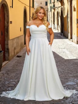 Elegant Off Shoulder Satin Wedding Dresses for Bride with Pockets Corset A Line Bridal Gown with Train