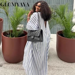 GLCMYAYA 2026 Fall Holiday Half Sleeve Striped Print V-Neck Loose Long Dress Street Africa Women Party Vestidos Dresses Vestidos