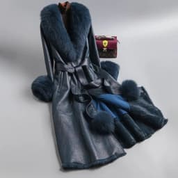 2023 New Rabbit Fur One Piece Coat for Women Mid length Fox Fur Collar Lace up Slim Fit Haining Fur Coat for Women