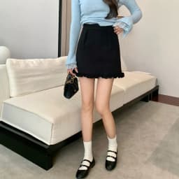Grey A-Line Skirt with Lace Splicing Design Casual Style High Waist Woolen Material Spring Slimming Versatile Short Skirt