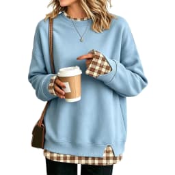Crew Neck Sweatshirts Women Cute Long Sleeve Oversized Sweatshirt Plaid Pullove In Layered Tunic Drop Medium Weight Hoodie